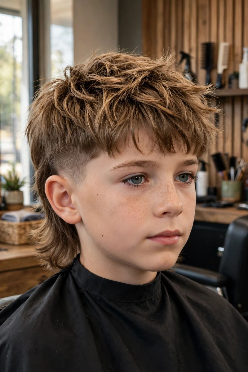 Boy with a textured top kids mullet haircut — choppy point-cut layers on top, clean sides, layered back