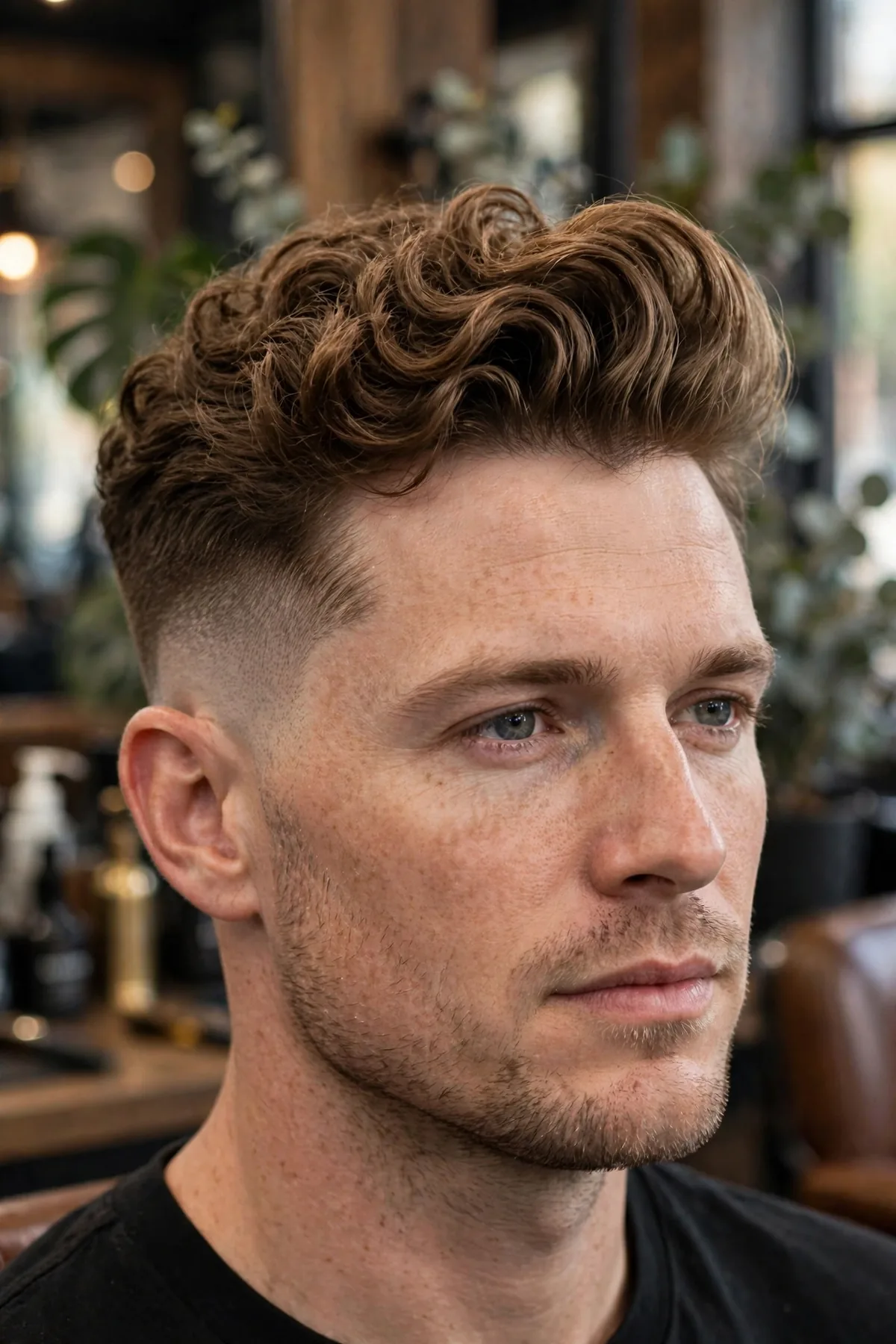 Curly quiff fade haircut, curls swept up and back into a quiff with clean faded sides