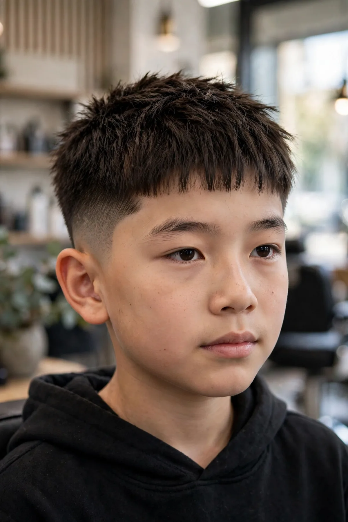 Asian boy with a textured crop fade asian boy haircut, choppy top with faded sides