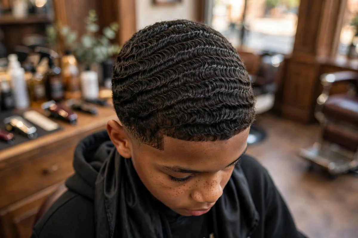 Black boy about 11 years old with deep 360 waves in a circular pattern and a subtle low taper haircut at the edges