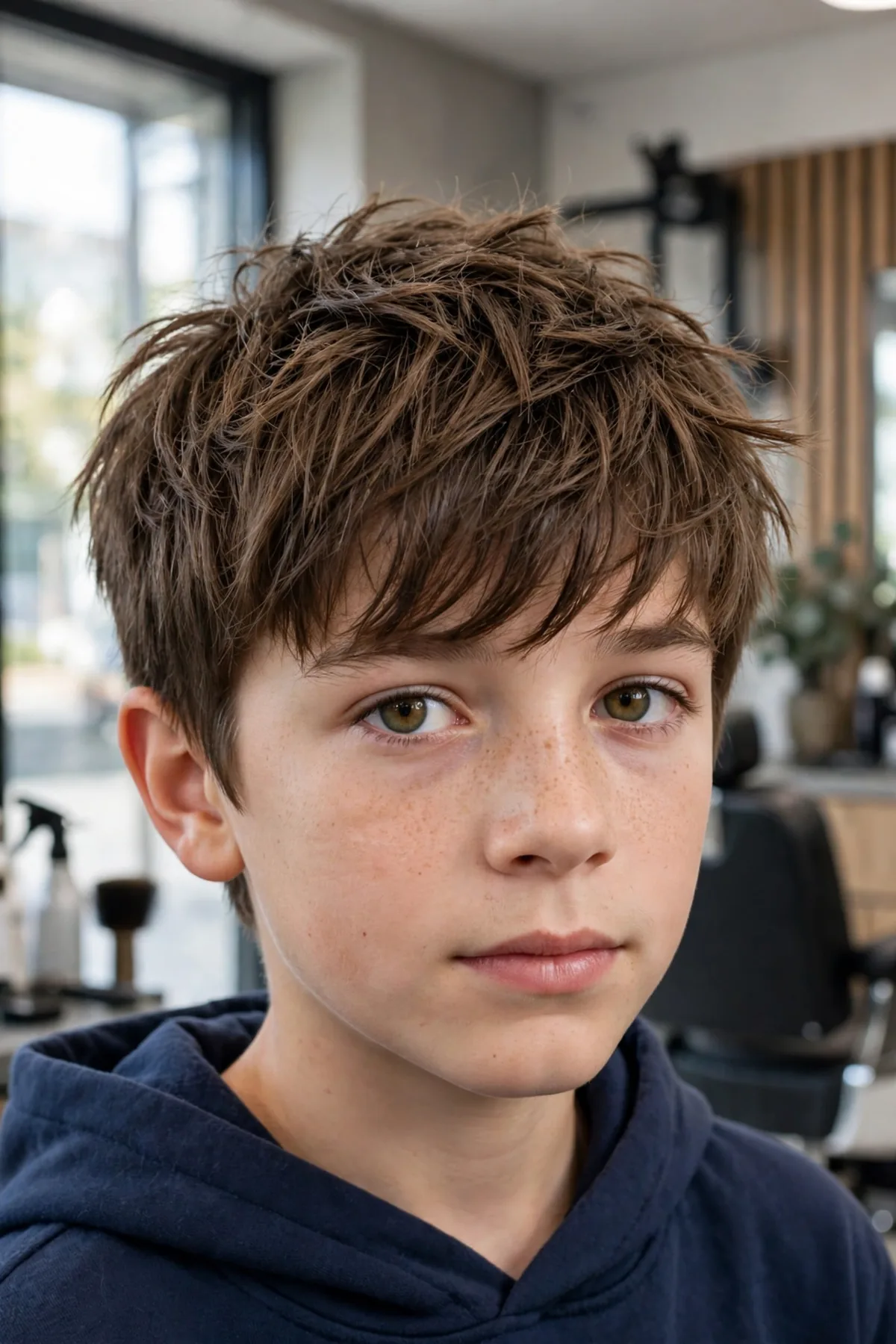 Boy with a textured shaggy haircut, piecey defined layers with a rough matte finish