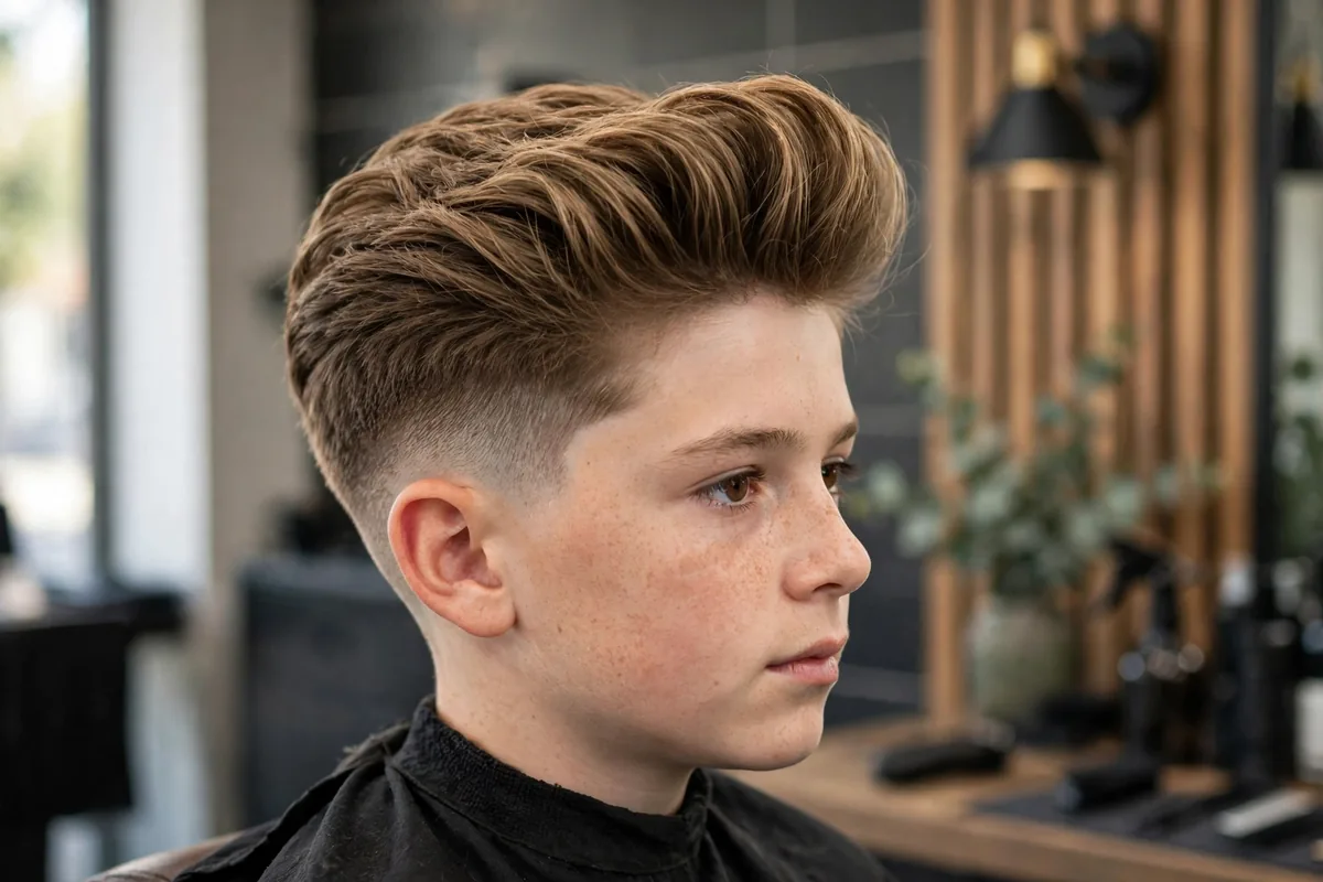 Photorealistic photo of a teen boy with a longer pompadour and fade, voluminous swept-back pompadour on top with faded sides, sharp modern barbershop look. A standout modern longer boy haircut.
