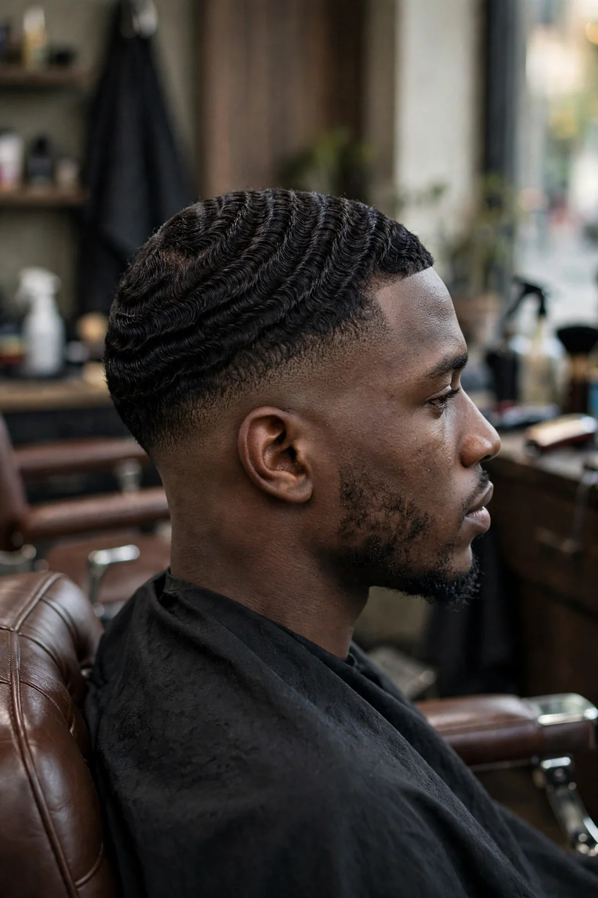 360 waves low skin fade haircut with deep circular wave pattern, sharp lineup, low fade to skin above the ears