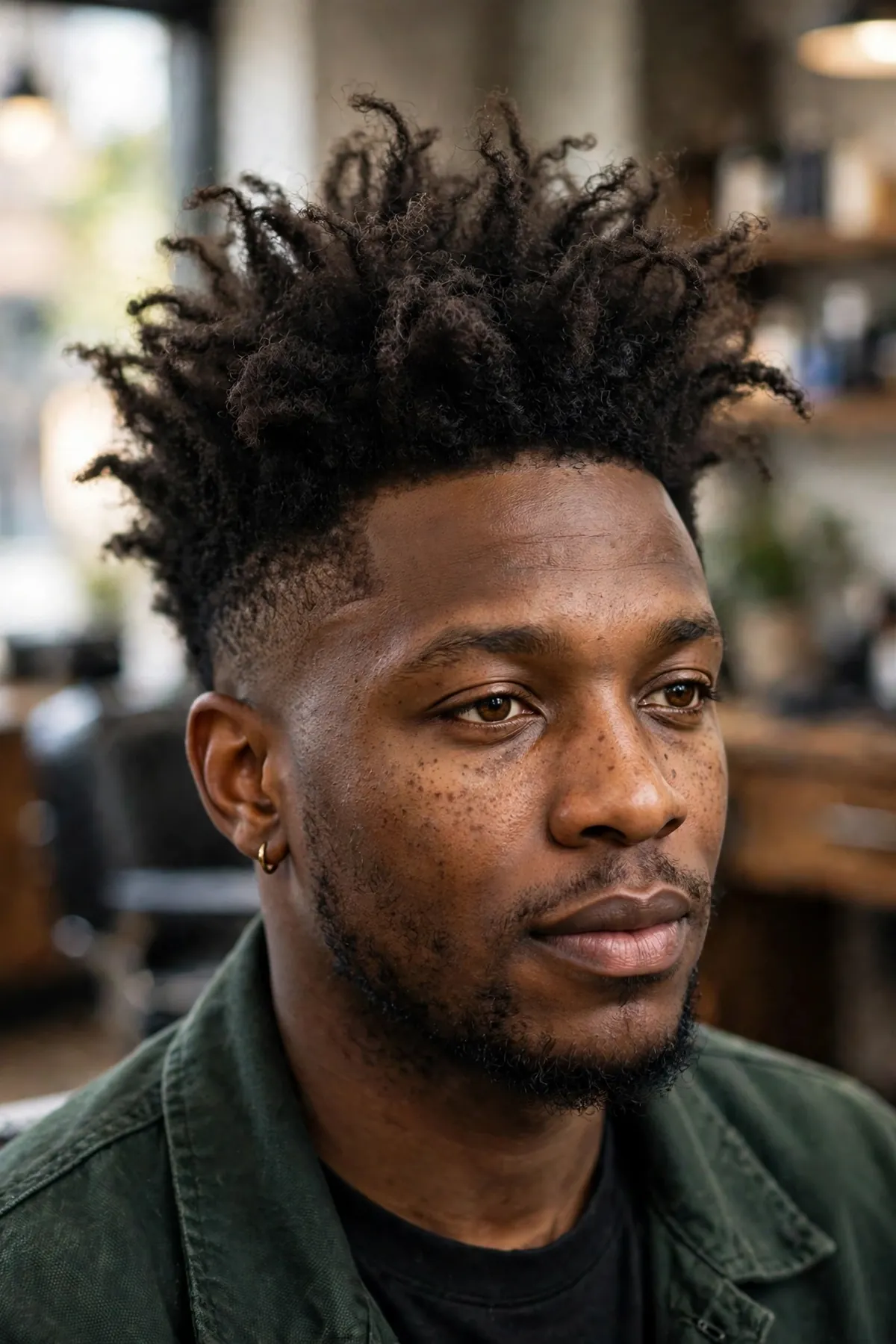 Textured high top haircut, piecey textured tall top with tapered sides, modern barbershop photography