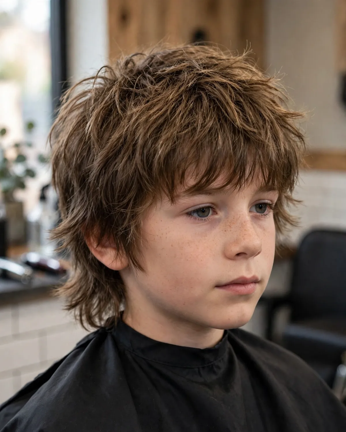 Layered shaggy boys mullet haircut photo — choppy layers, messy texture, medium-length back