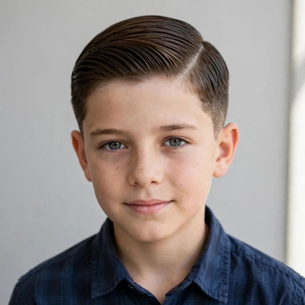 Classic side part haircut on a 10 year old boy, a neat traditional boys hairstyle