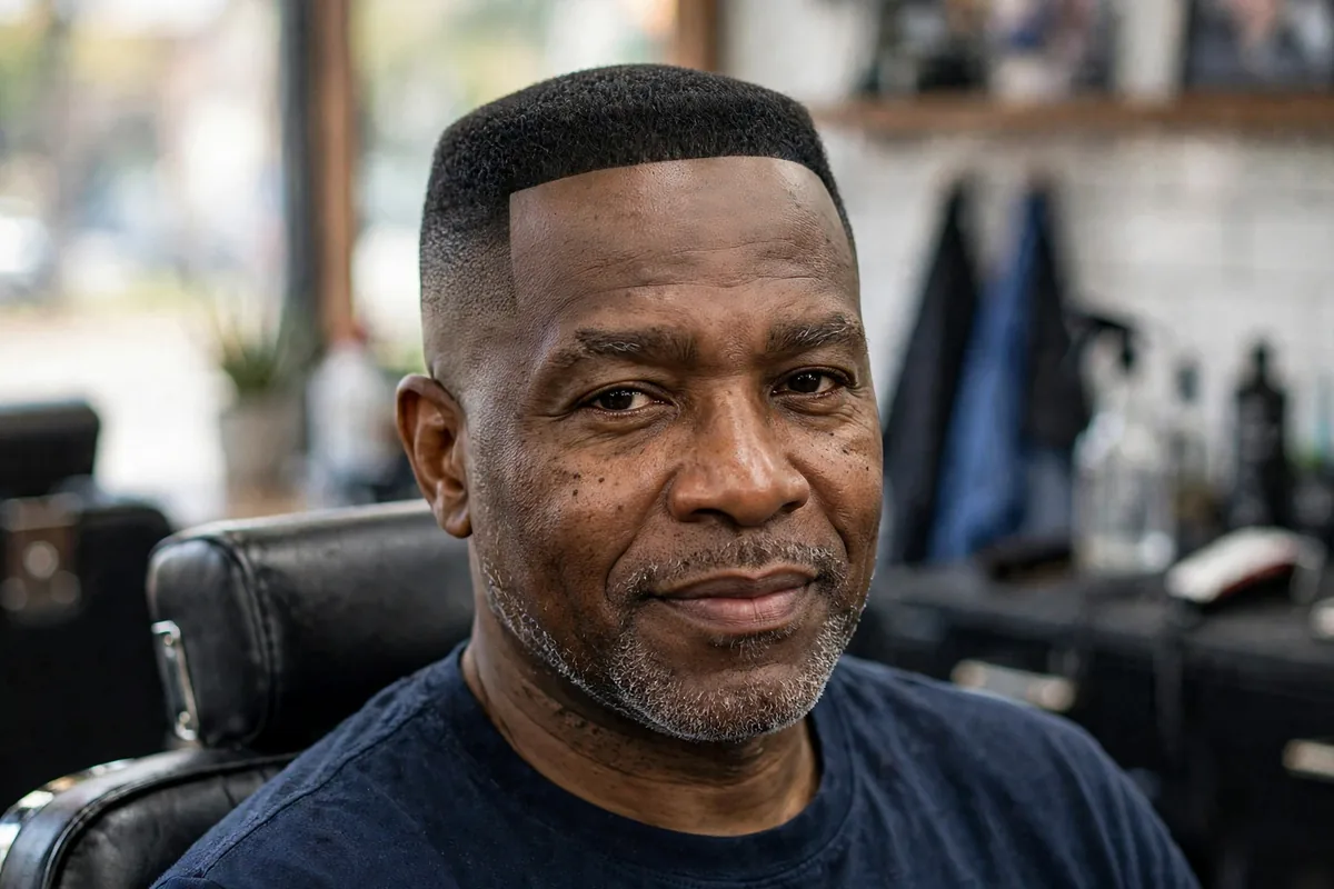Black man over 50 with flat top haircut and high fade, structured level top
