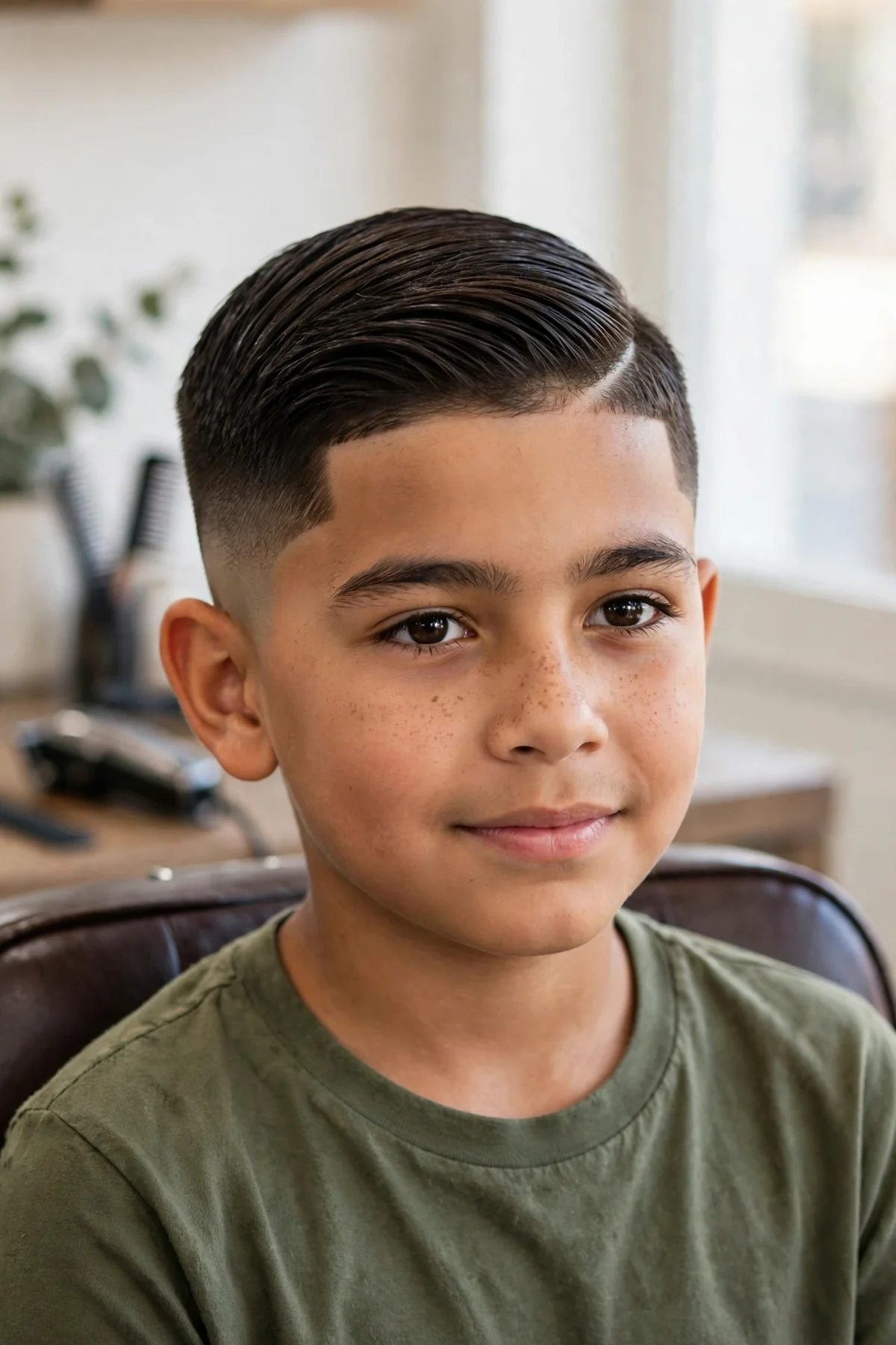Boy with a hard side part and shaved line, razor-sharp part line with faded sides, a bold cool haircut for boys