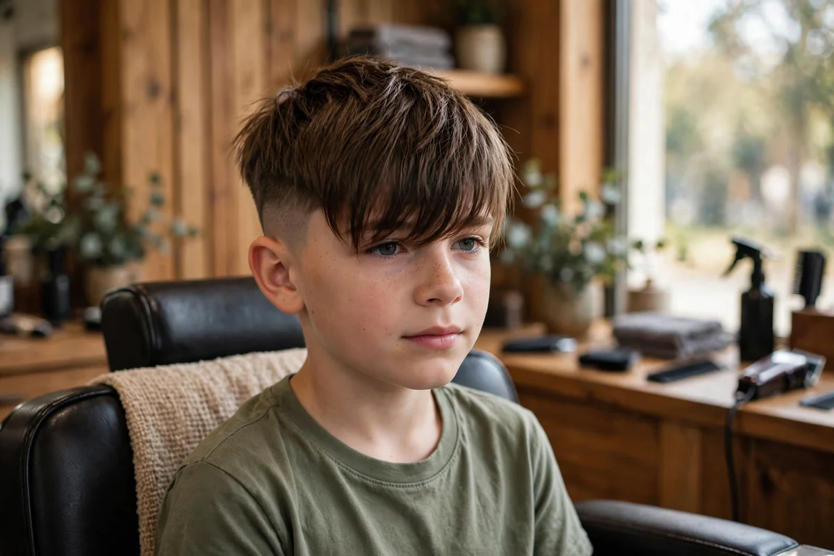 Boy with long bangs falling over forehead and undercut sides, edgy style
