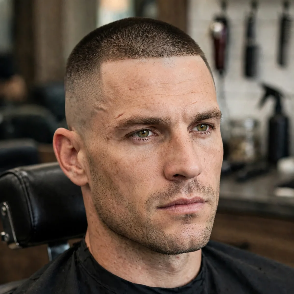Buzz cut with a low fade blended near the ears, a polished simple short haircut for men