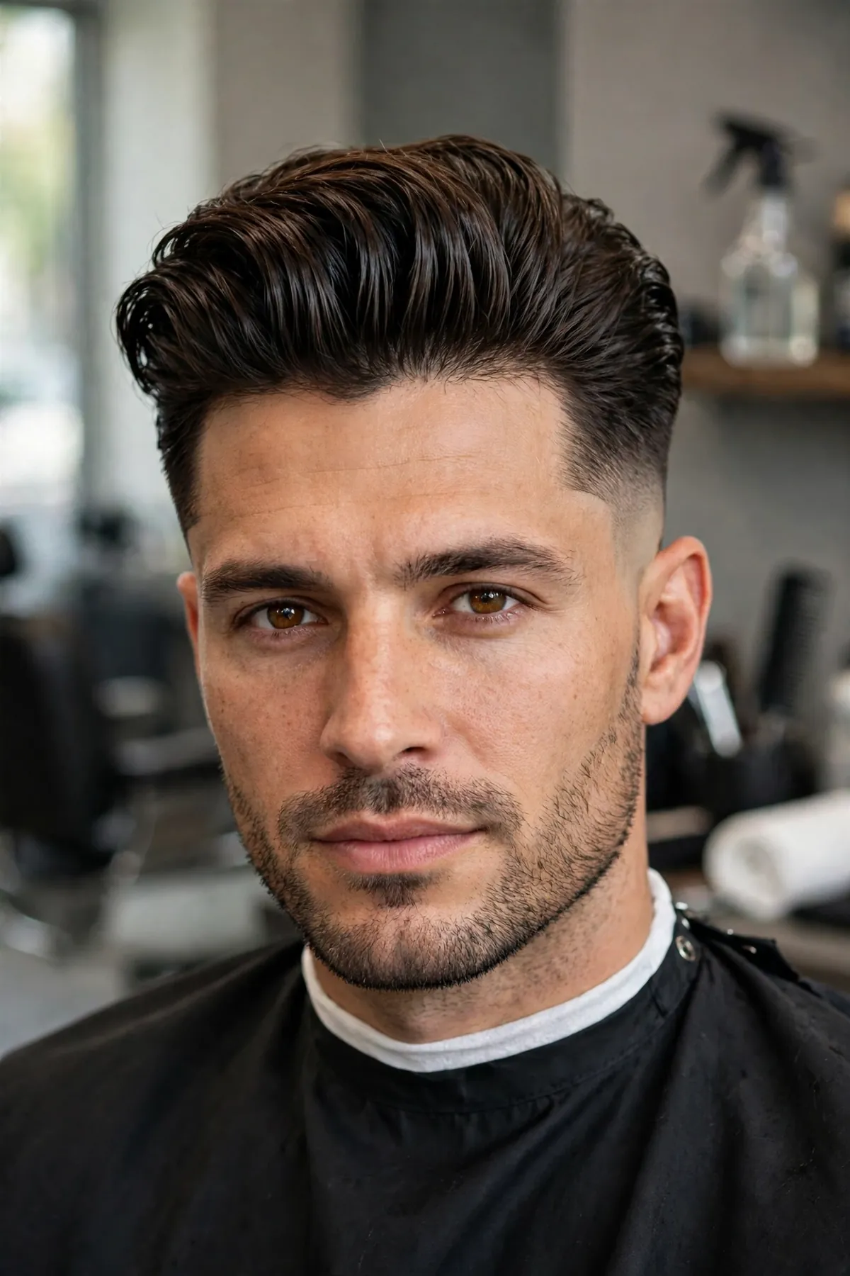 Slick back with a high skin fade, voluminous swept-back top and faded sides