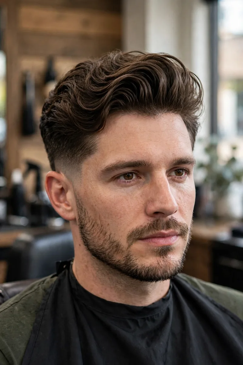 Wavy pompadour haircut for men — classic pomp with height and wavy texture, faded sides