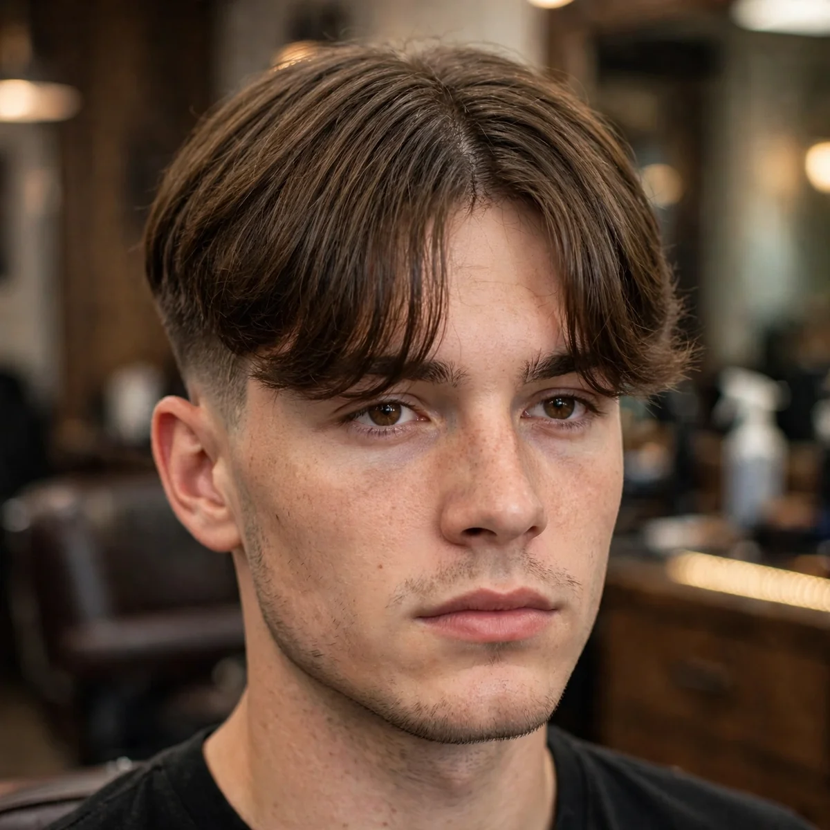 Classic curtain bangs haircut for men with tapered sides and curtain fringe focal point