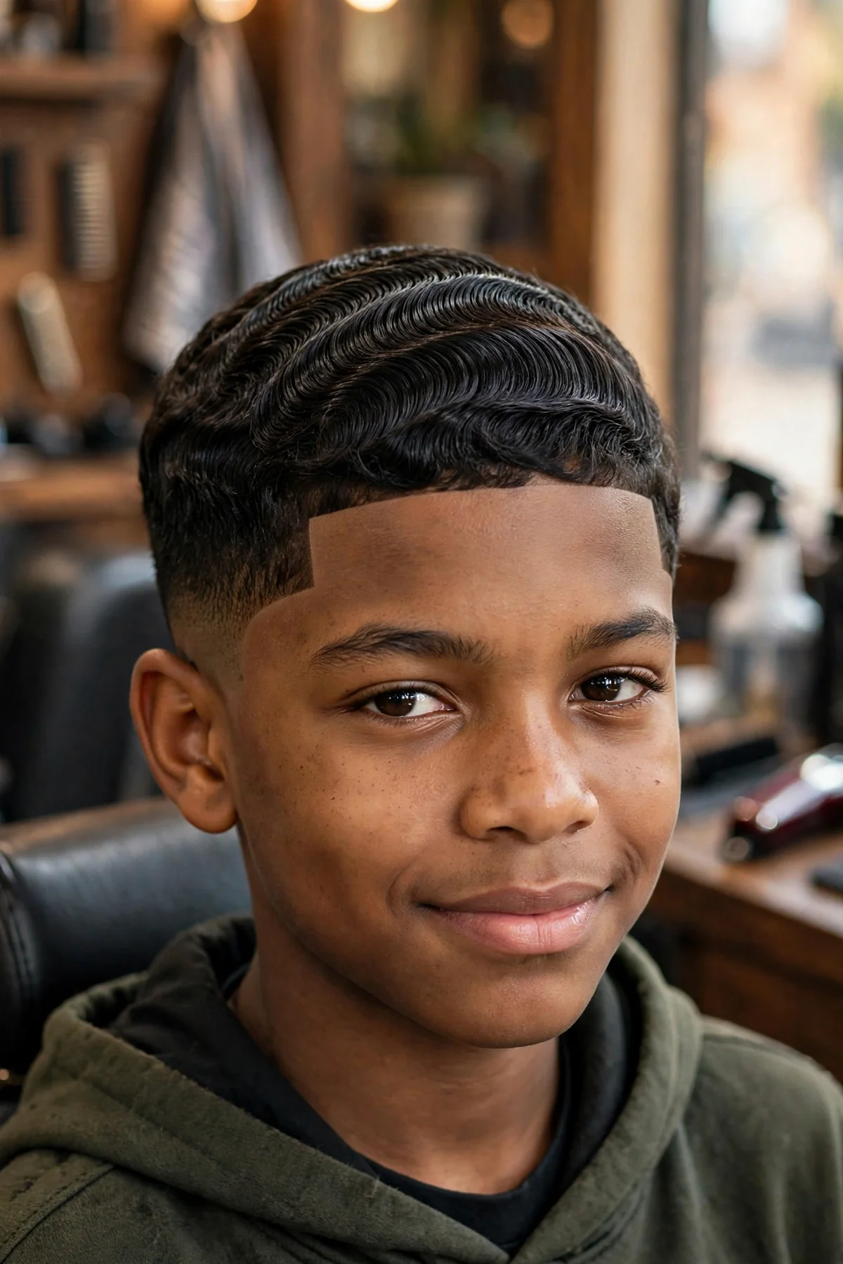 Black boy about 12 years old with glossy 720 waves flowing in a circular pattern and a mid taper with a sharp line-up
