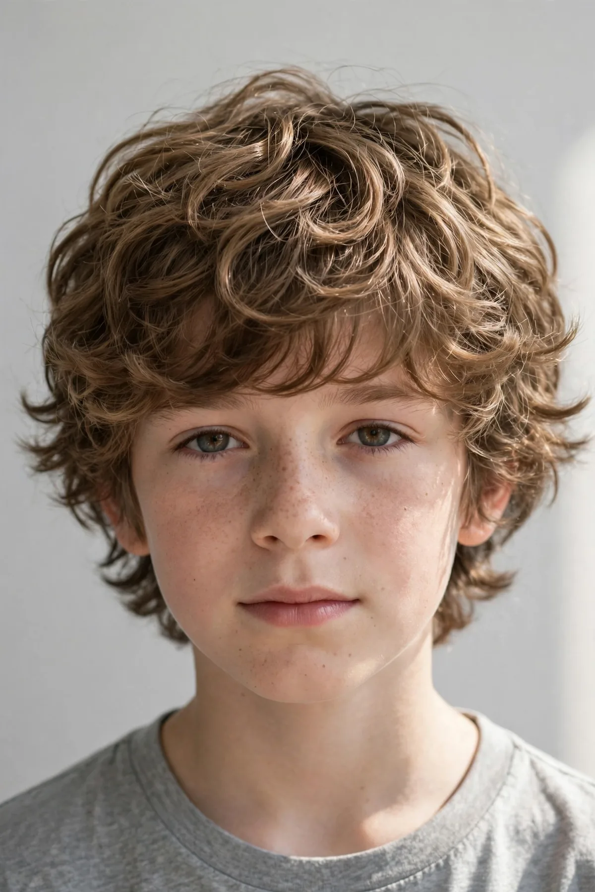 Boy with a shaggy perm haircut, soft permed waves in a layered shaggy shape