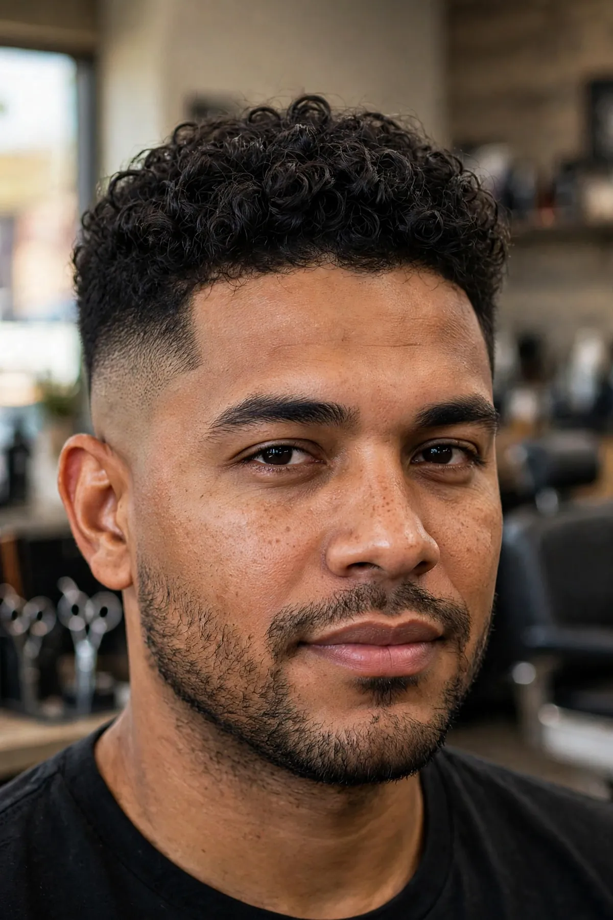Burst fade haircut in rounded arc around the ear with curly top