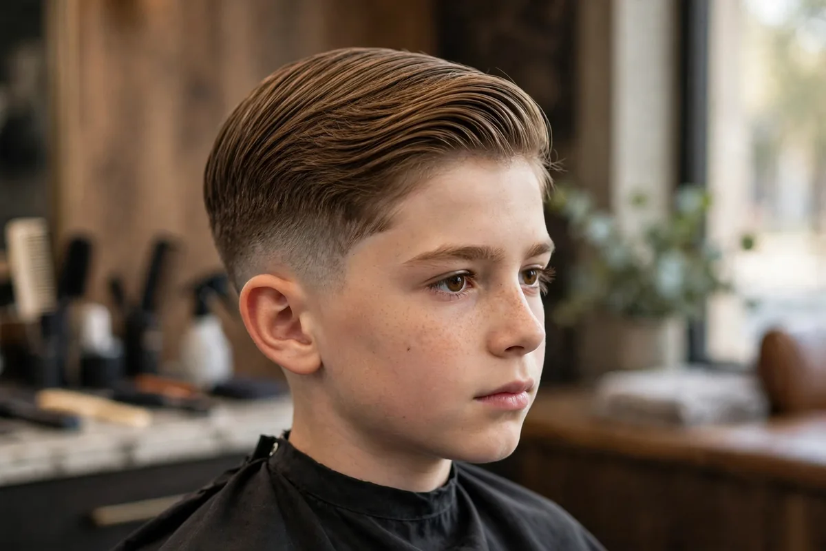 Photorealistic photo of a boy with a long comb-over and fade, longer hair swept neatly across the head with a clean skin fade on the sides, polished barbershop finish. A sharp longer haircut for boys.