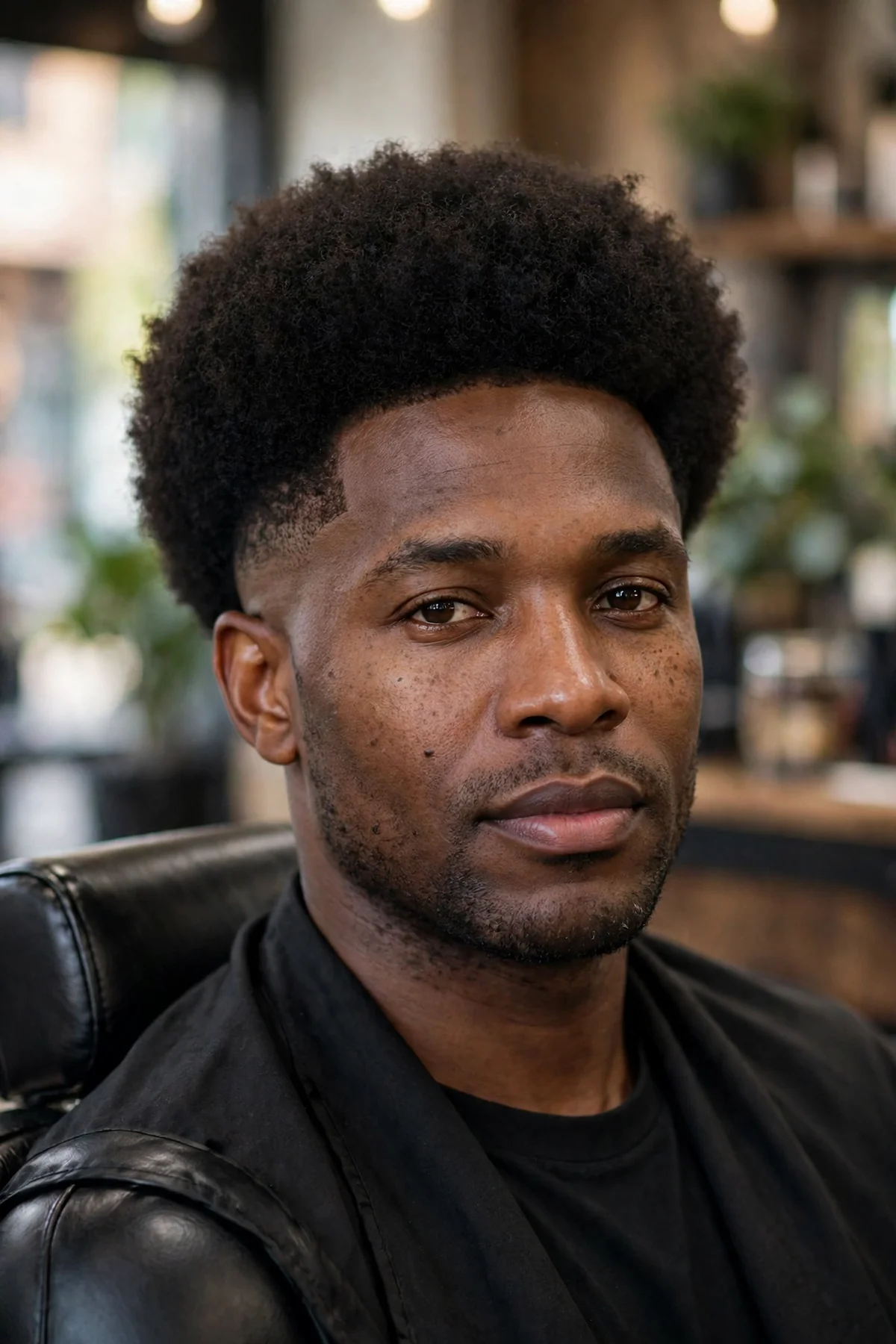 Afro top low skin fade haircut, rounded shaped afro volume, low skin fade giving the shape a clean base