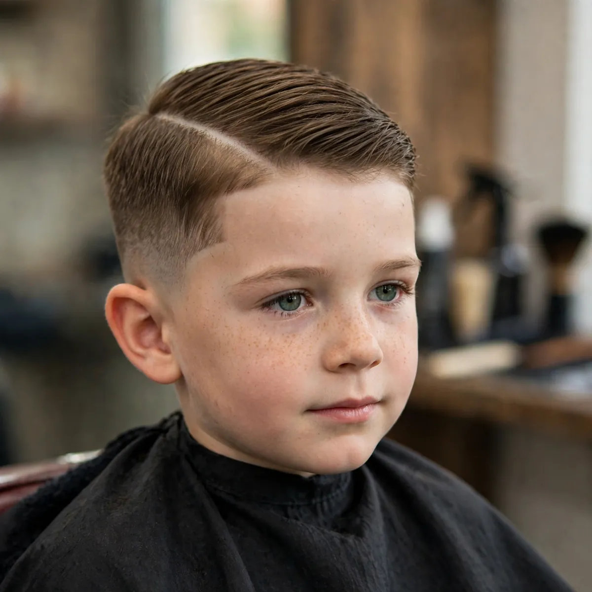 Hard part kids fade haircut with a mid fade and a shaved part line