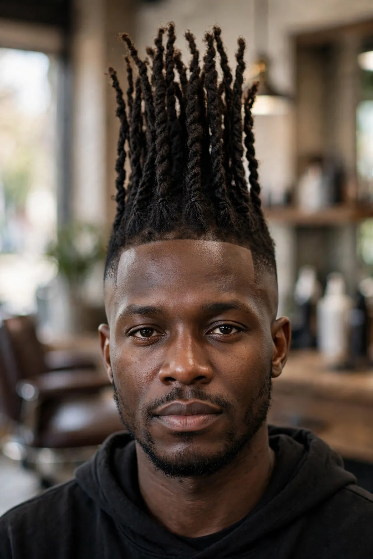 High top haircut with two-strand twists, tall twisted strands standing up with faded sides, barbershop photography