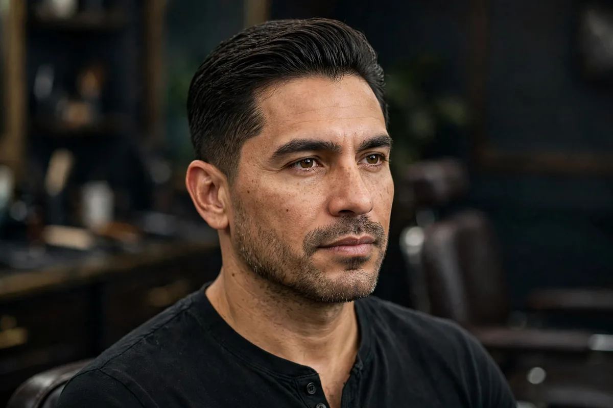 Textured slick-back old money haircut — relaxed brushed-back top with visible texture