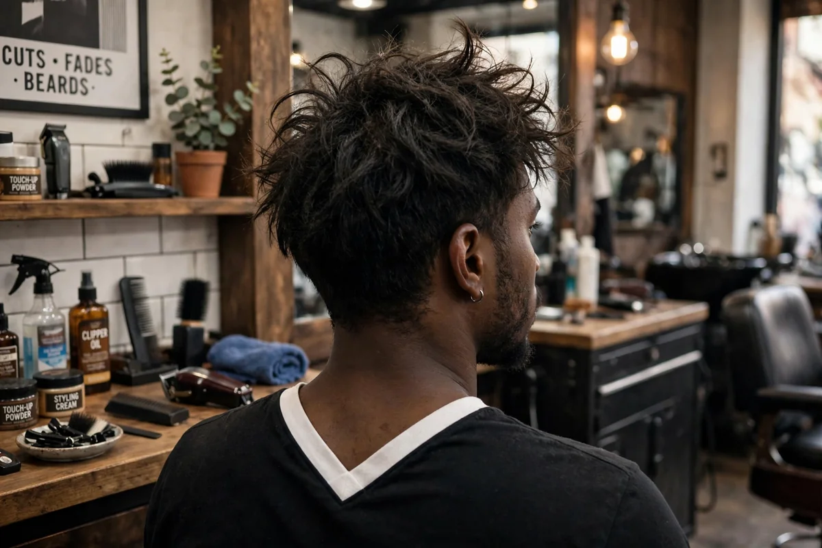 Messy V haircut for men with tousled top and sharp V nape point