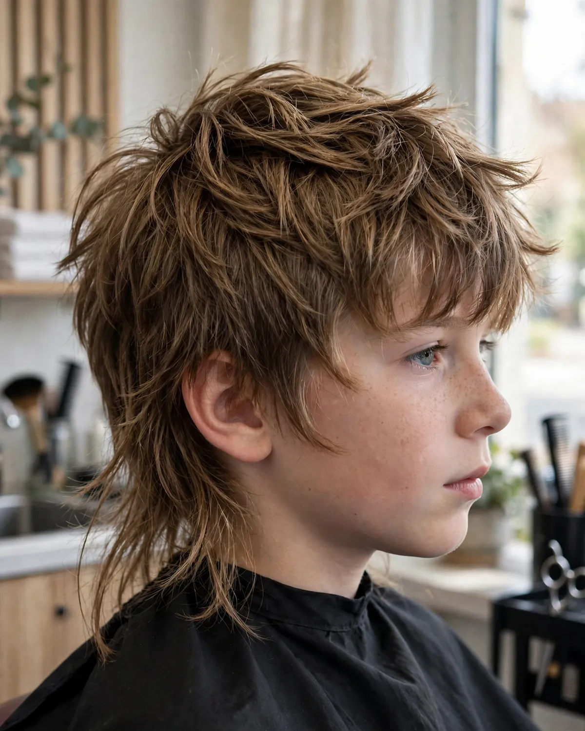 Wolf-cut hybrid boys mullet haircut photo — heavy shaggy layers, voluminous top, long back