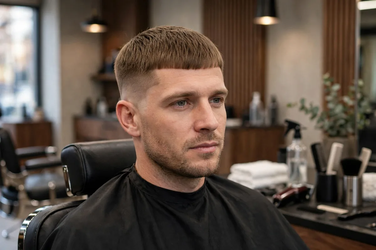 Caesar cut — sharp best short haircut for men with a short horizontal fringe and even sides