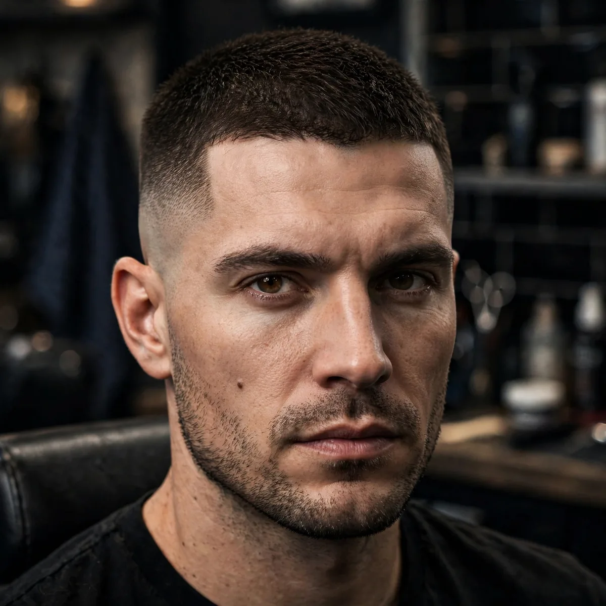 Crew cut with mid fade sides, a sharp modern simple haircut for men with clean contrast