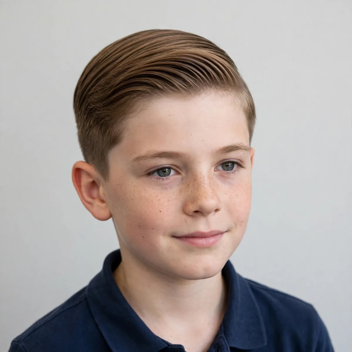 Neat comb over haircut on a 10 year old boy, a tidy swept boys haircut