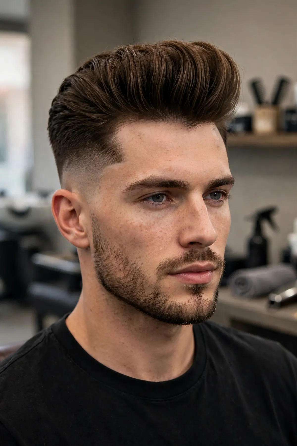 Pompadour with a high skin fade, tall voluminous front and skin faded sides