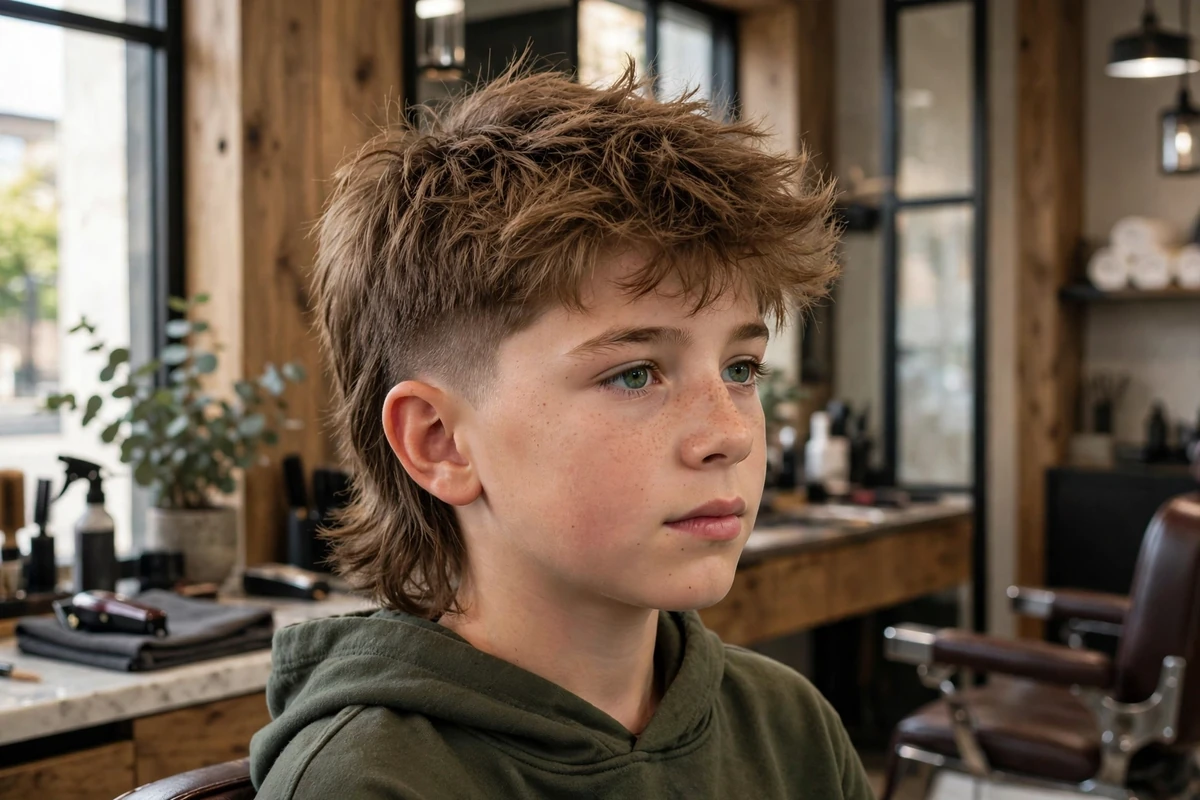 Boy with a messy tousled kids mullet haircut — deliberately tousled bedhead top, tapered sides, textured back