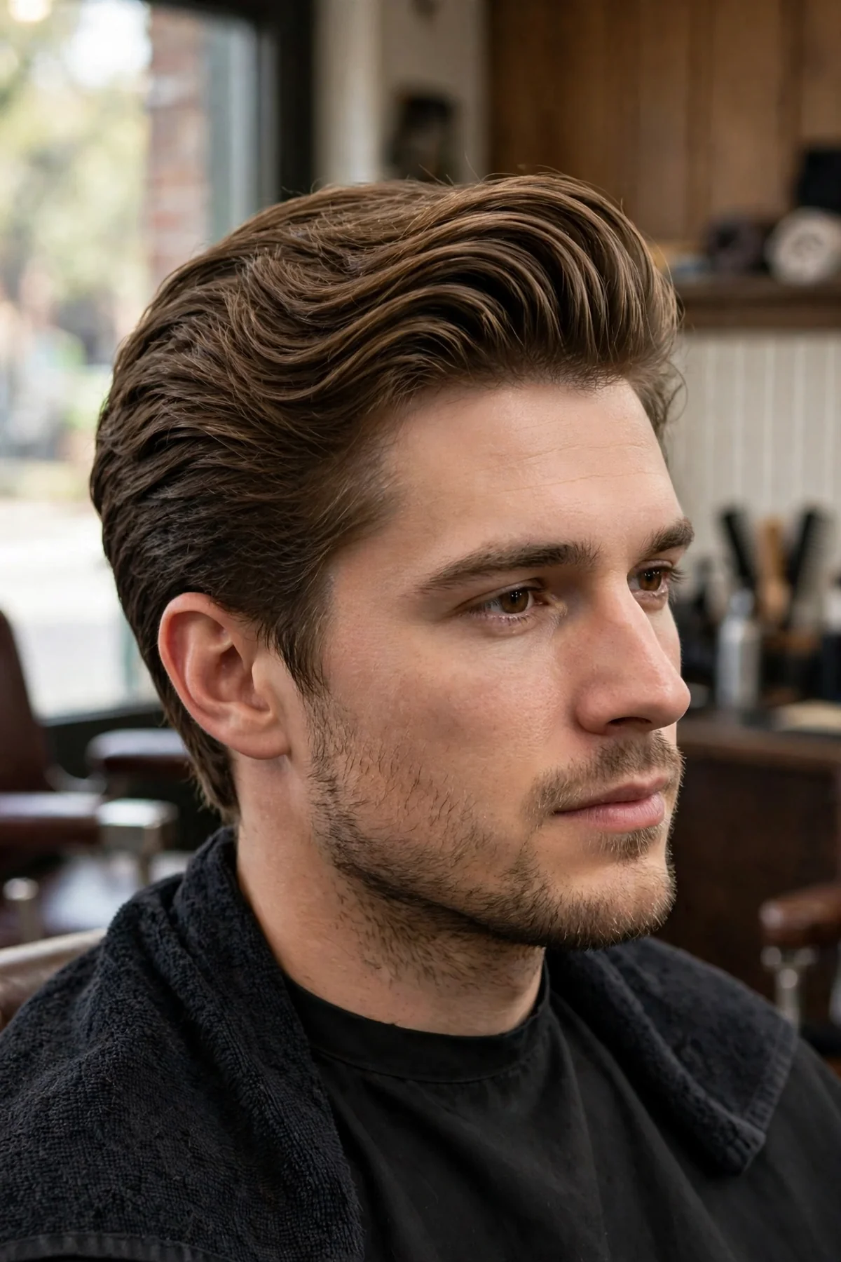 Brushed-back medium length flow haircut, full volume swept straight back