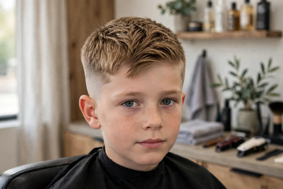 Little boy temple fade haircut, fade around temples with short top, subtle kids fade haircut