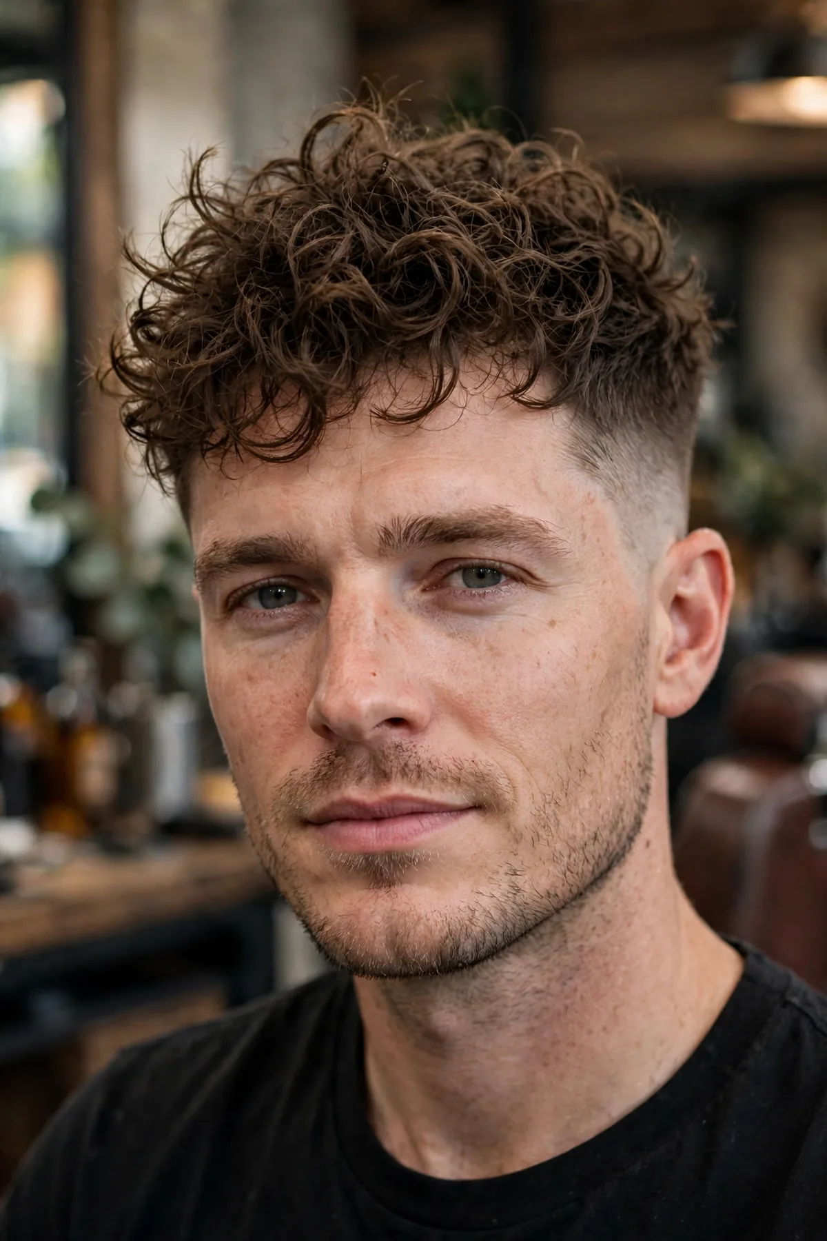 Messy curly fade haircut, tousled messy curls on top with neat faded sides