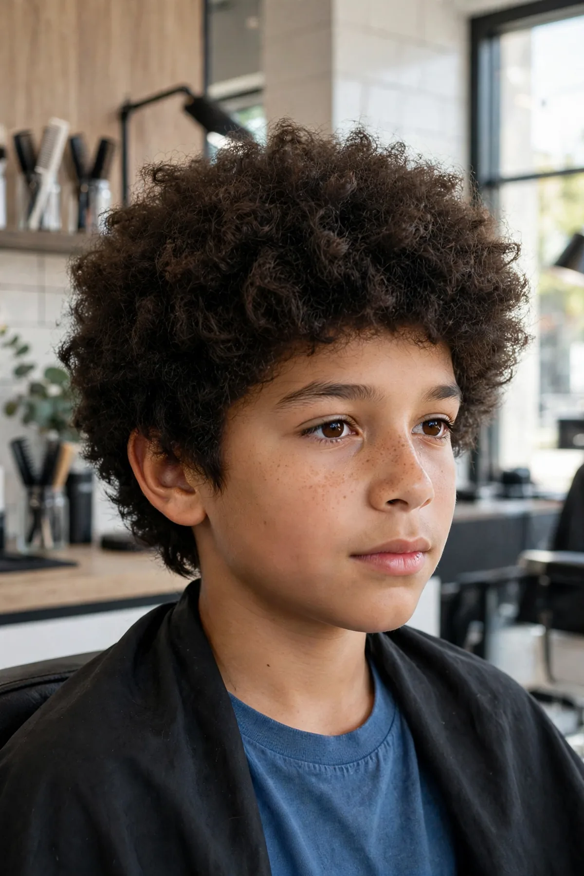 Boy with an afro shag haircut, layered afro shape with shaggy tapered ends