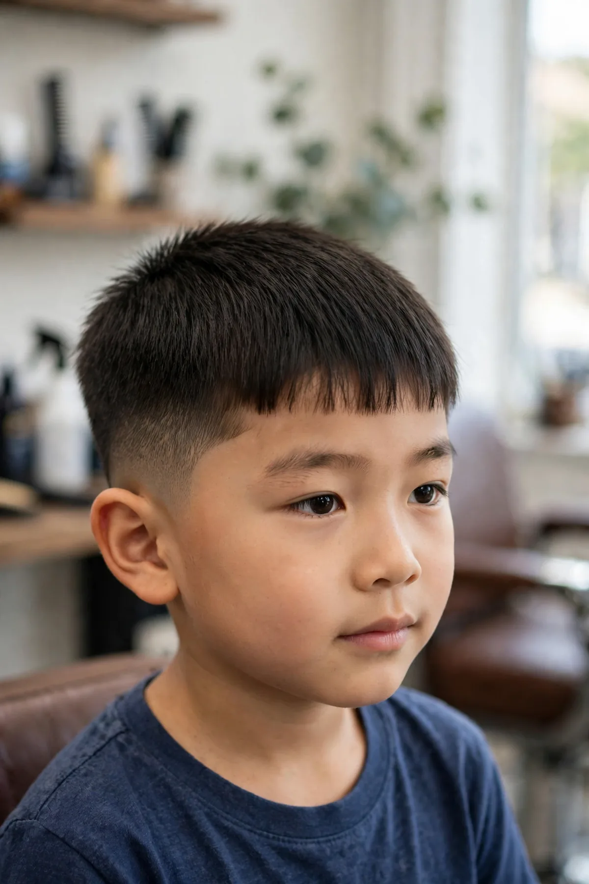 Little boy with a short fringe fade haircut for boys — short straight fringe with low fade sides