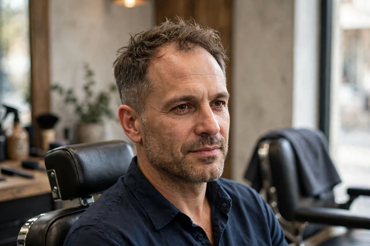 Messy textured top haircut for balding men, tousled short style hiding thin spots