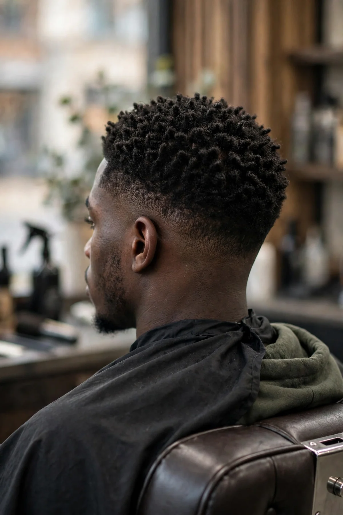 Short coils low skin fade haircut with sponge-twisted coils, neat texture, low fade to bare skin around the ears