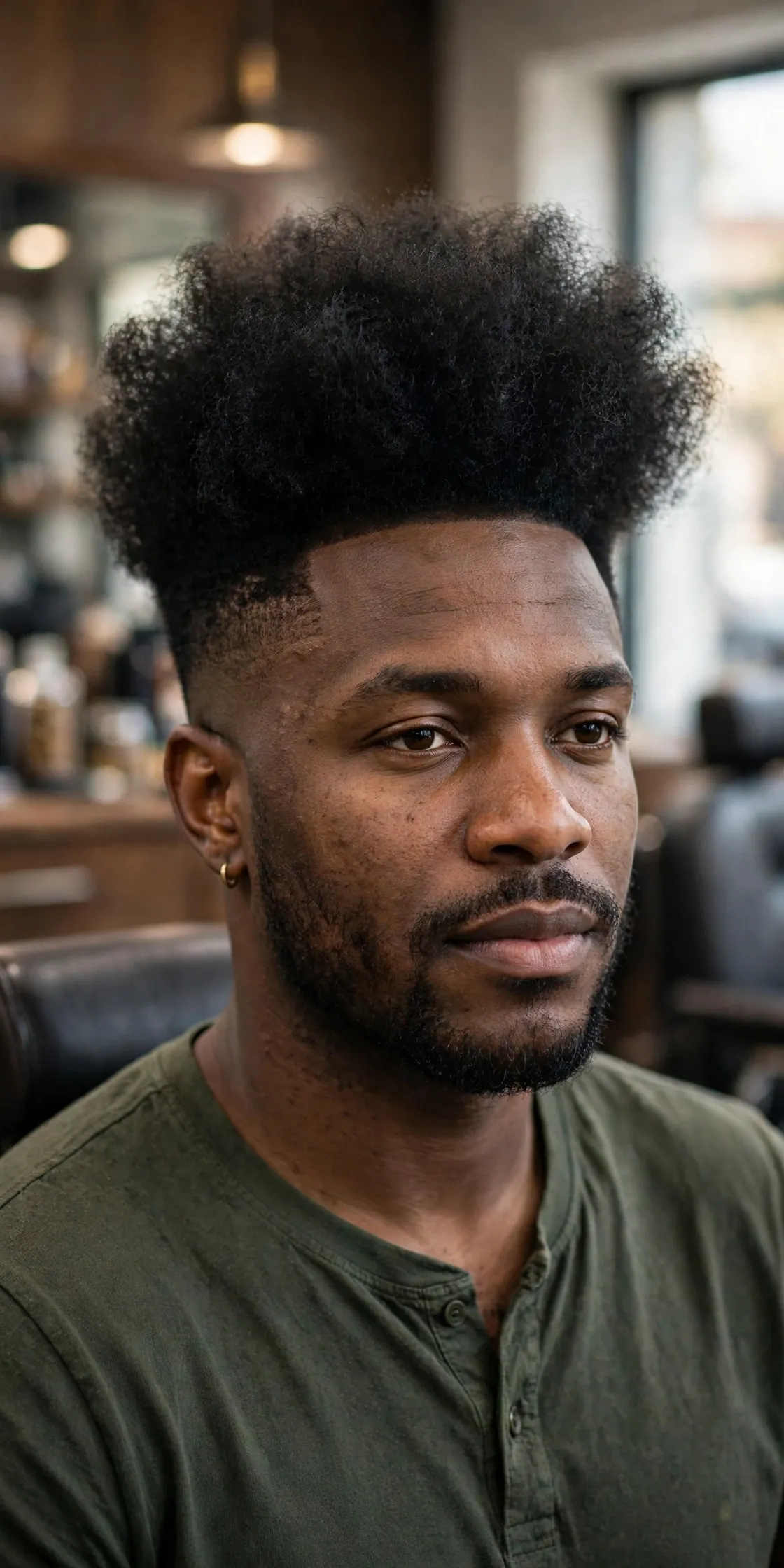 High top fro haircut, big rounded afro lifted high with short faded sides, barbershop photo