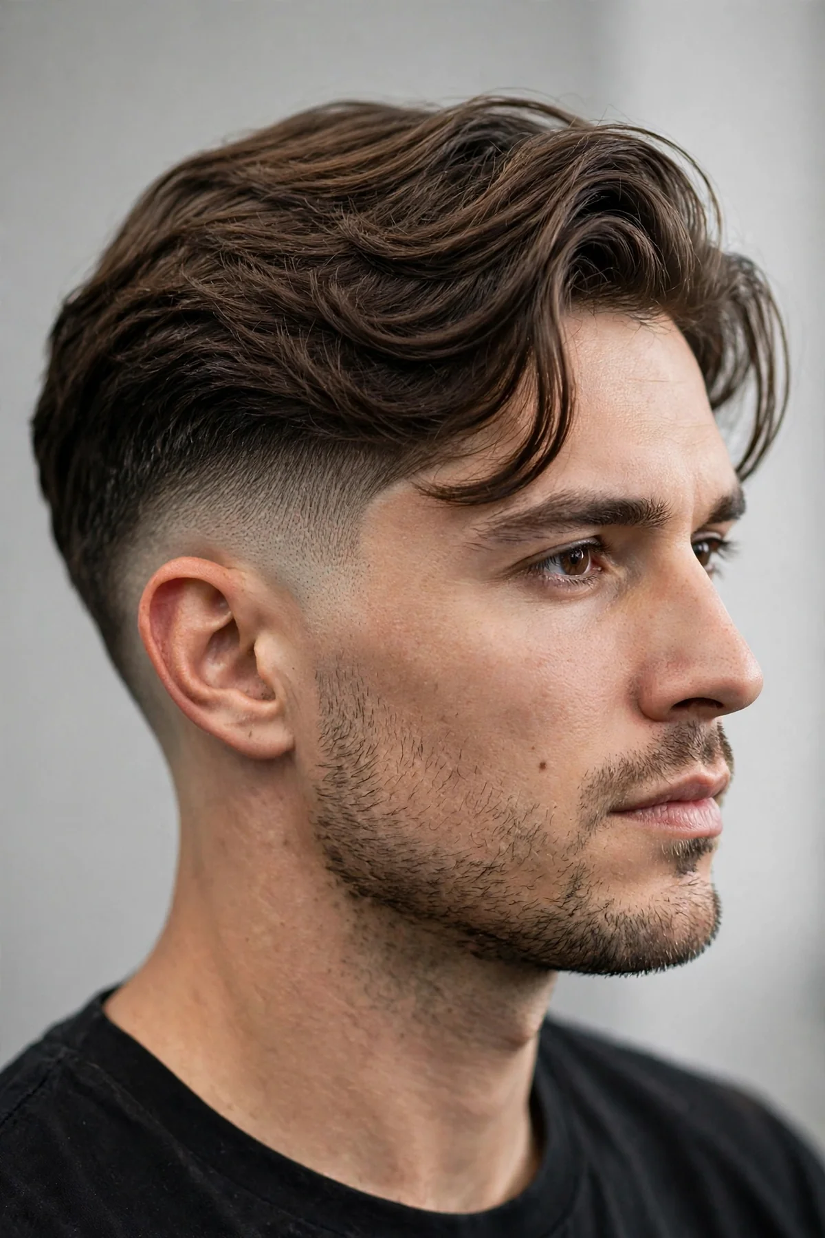 Side-swept flow hairstyle with mid drop fade haircut, relaxed barber photo