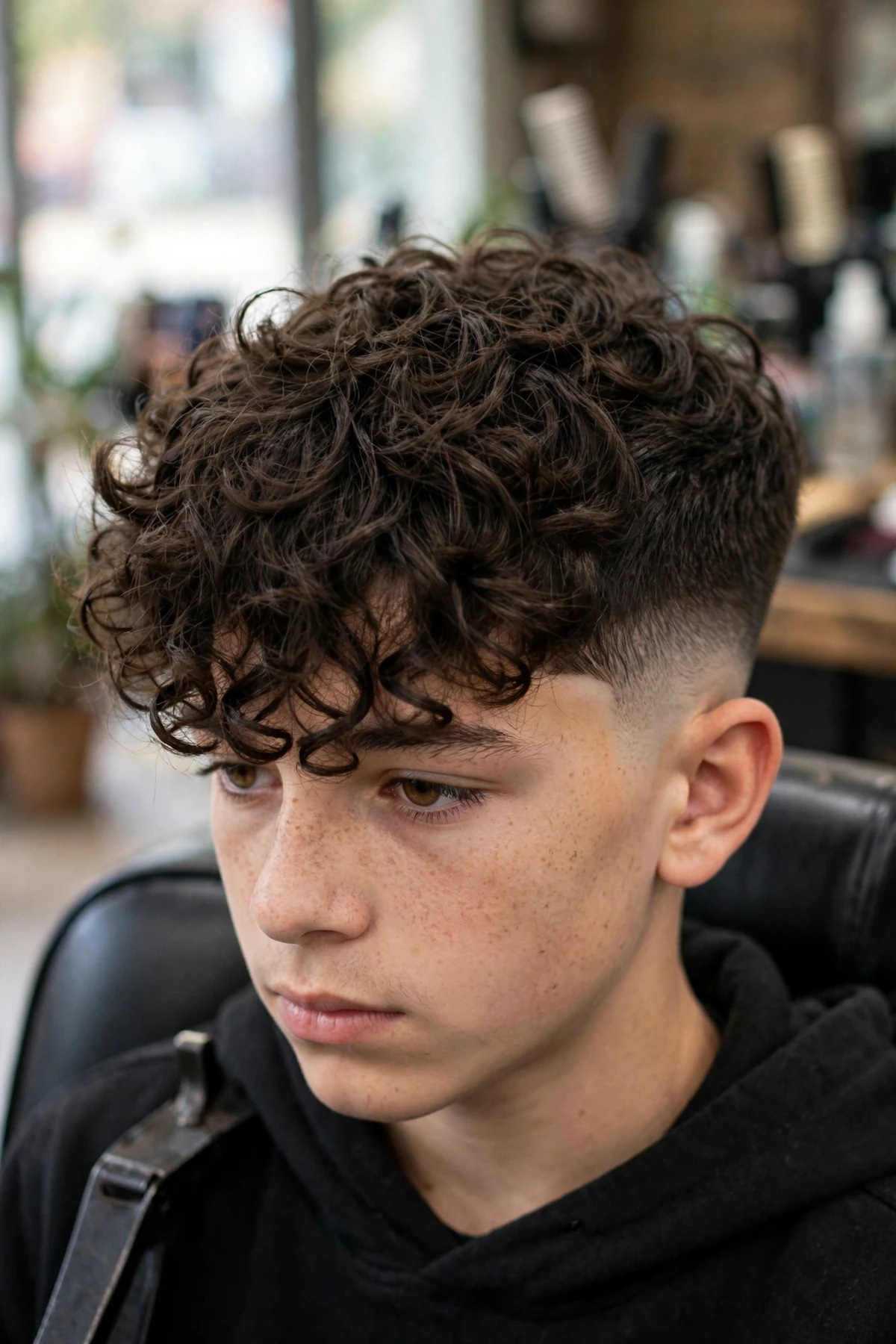 Curly broccoli haircut for teen boys with faded sides and long curled fringe forward