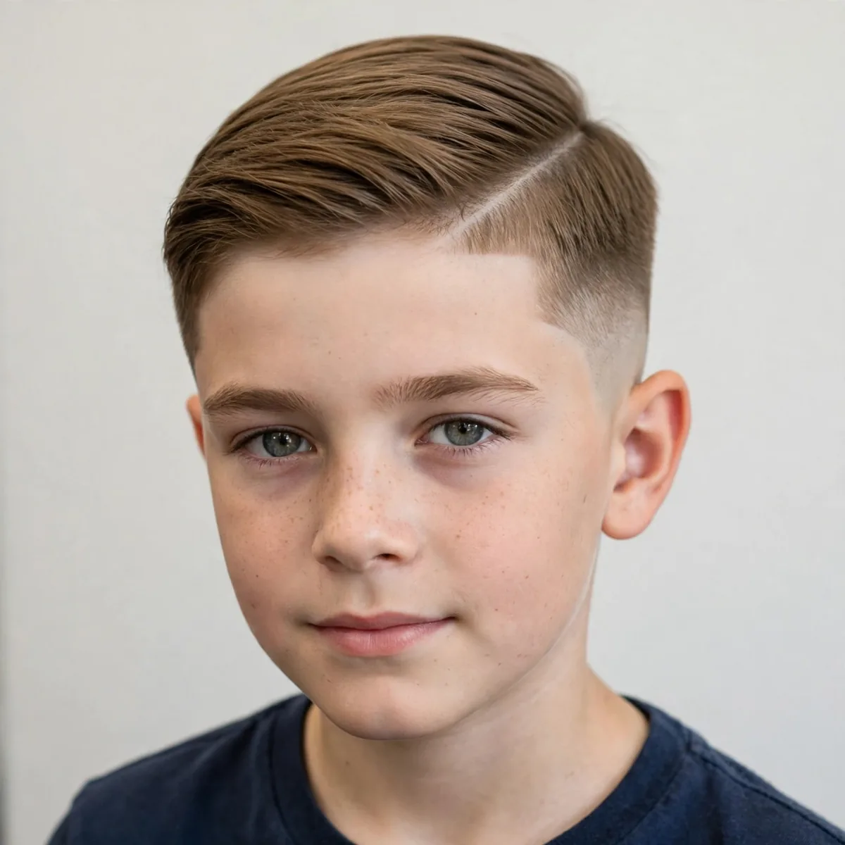 Hard part haircut on a 10 year old boy with a shaved part line, a sharp kids haircut