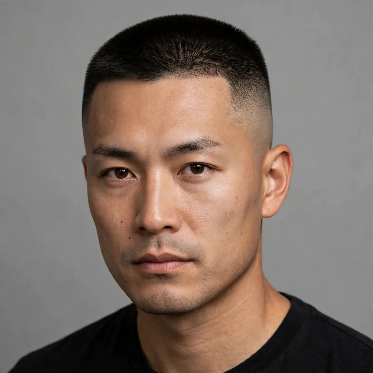 High and tight haircut with high faded sides and a short flat top, a simple military haircut for men