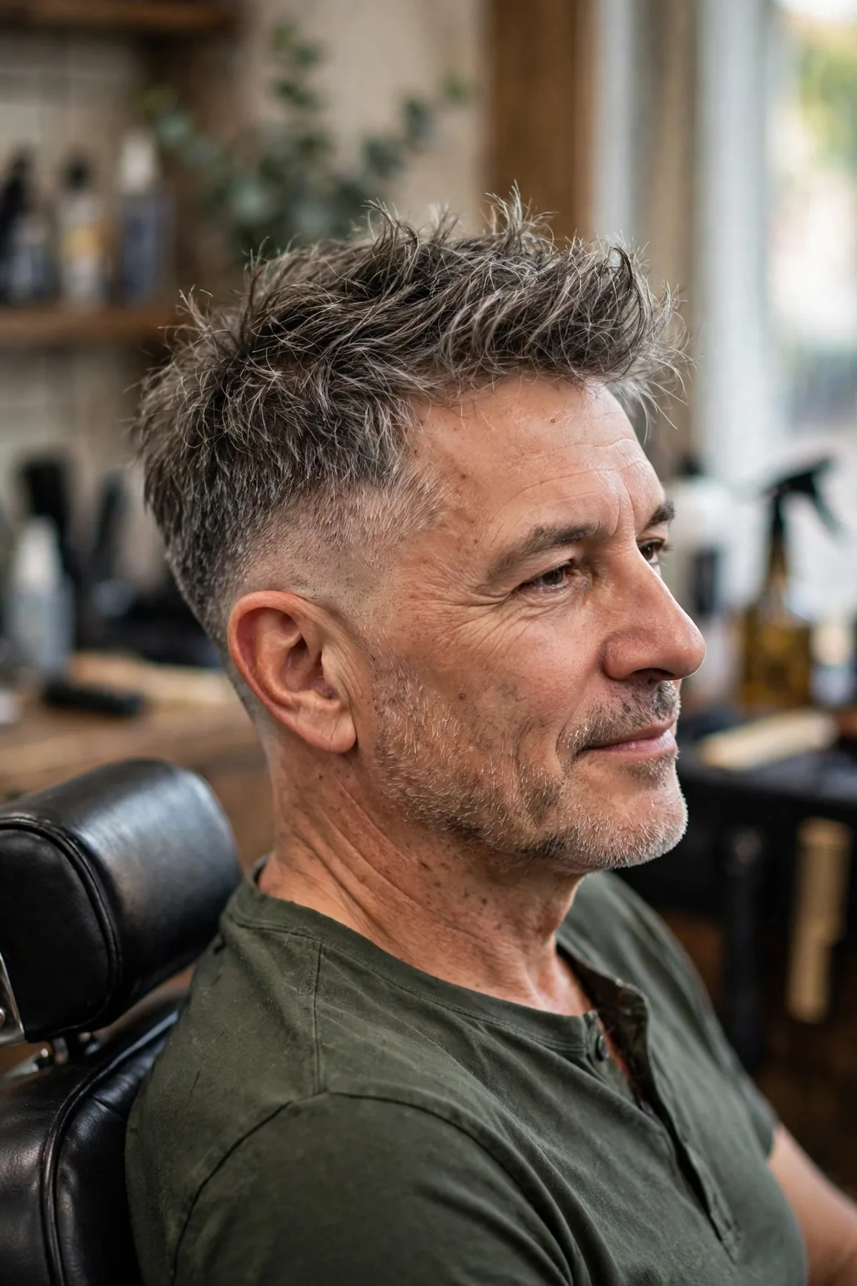Man over 50 with messy textured crop and taper fade, tousled full-looking top
