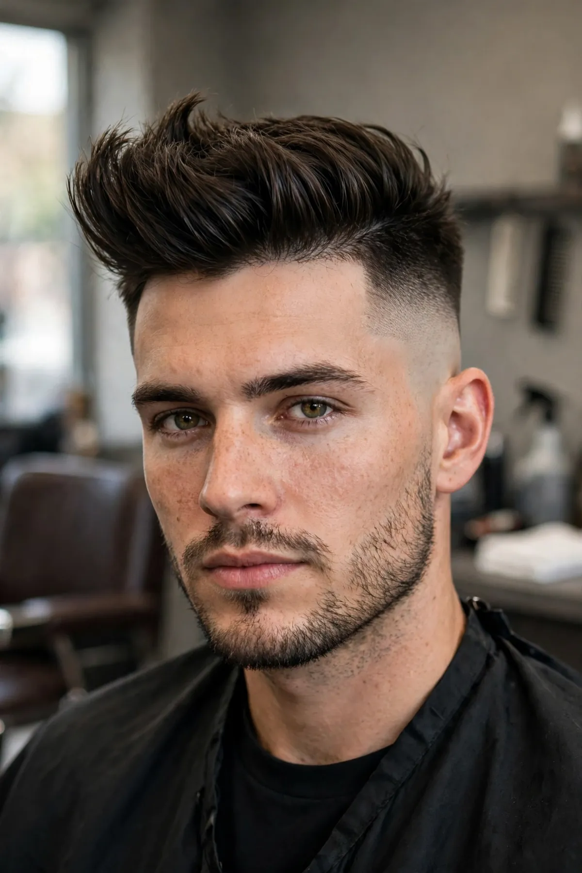 Quiff with a high skin fade, lifted front and sharp faded sides