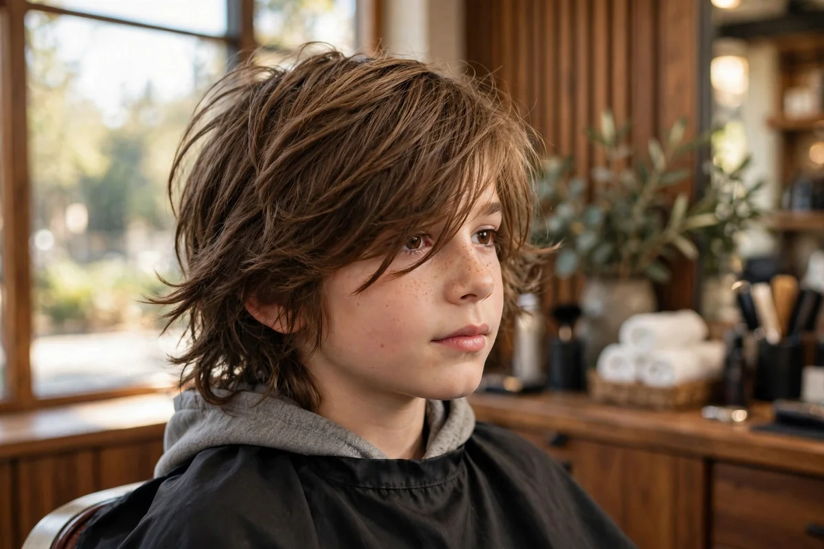 Boy with long skater-style side-swept bangs, messy cool look