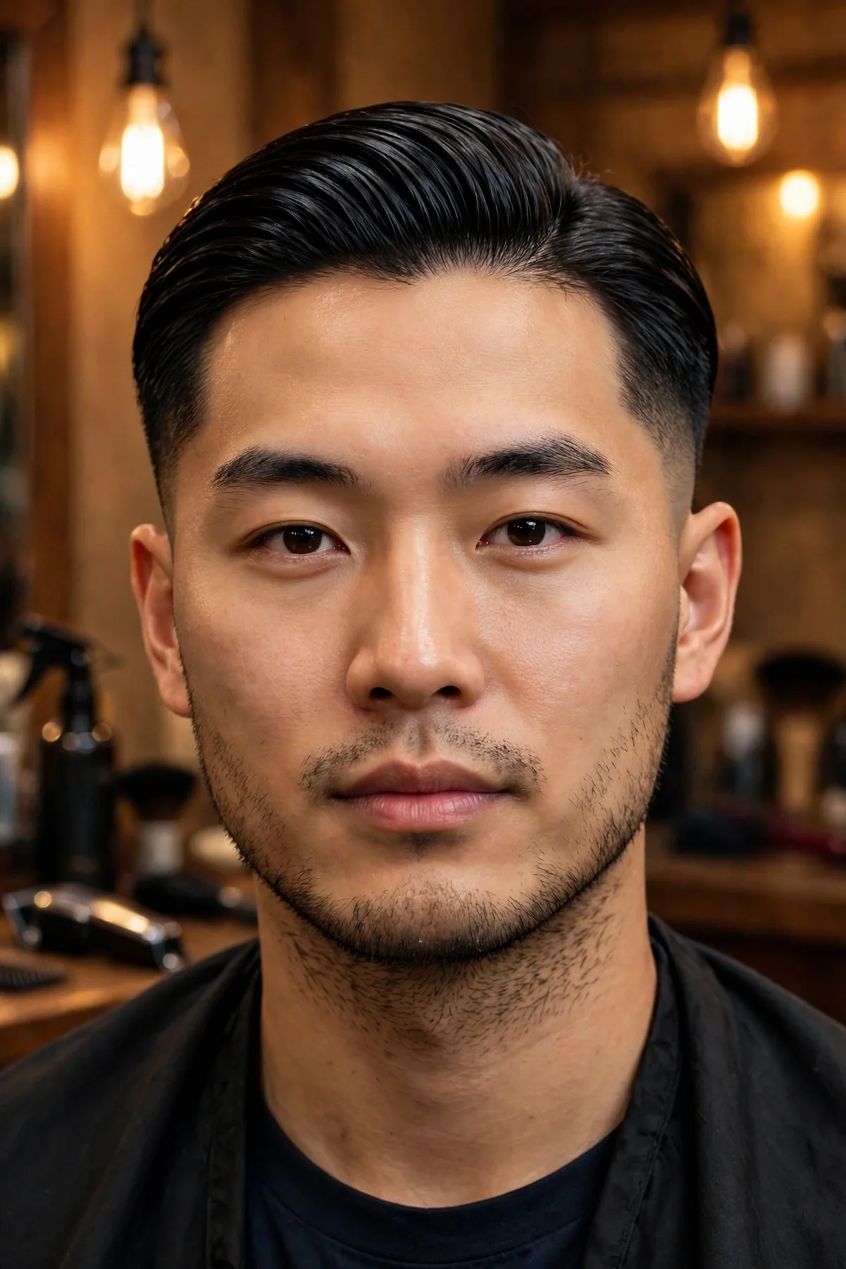Shadow fade haircut for straight hair on an Asian man, sleek neat top, soft stubble shadow gradient at the sides, smooth clean lines