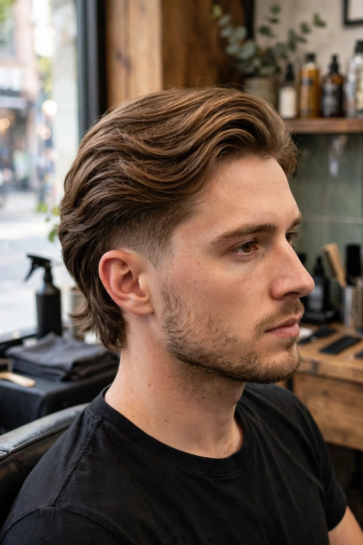 Medium length flow haircut with tapered sides, clean blend into flowing top