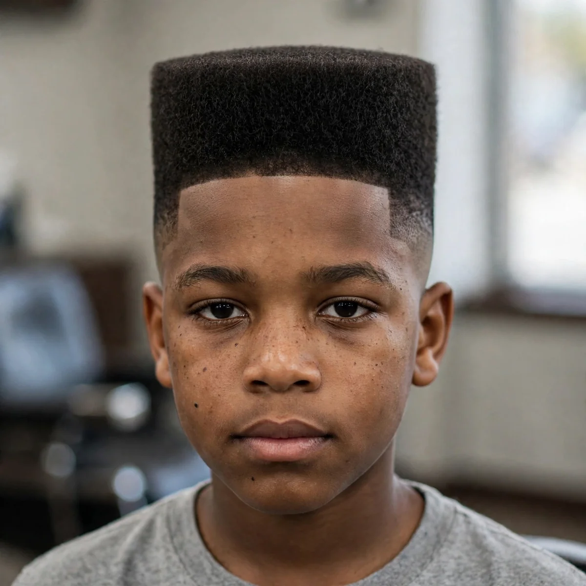 Black boy with a 90s high top fade, short faded sides with a flat boxy high top — 90s boy haircuts